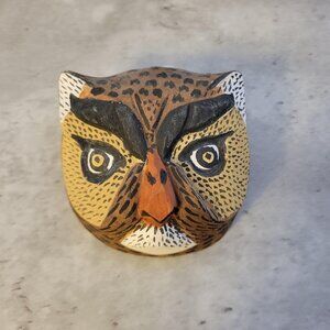 Hand Carved Painted Wooden Owl Jaguar Mask Wall Art Folk Decor Animal Face 4x3in